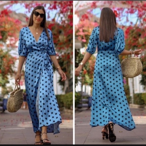 Zara Blue Polka Dot Wrap Maxi Dress | Size Medium - Picture 1 of 16